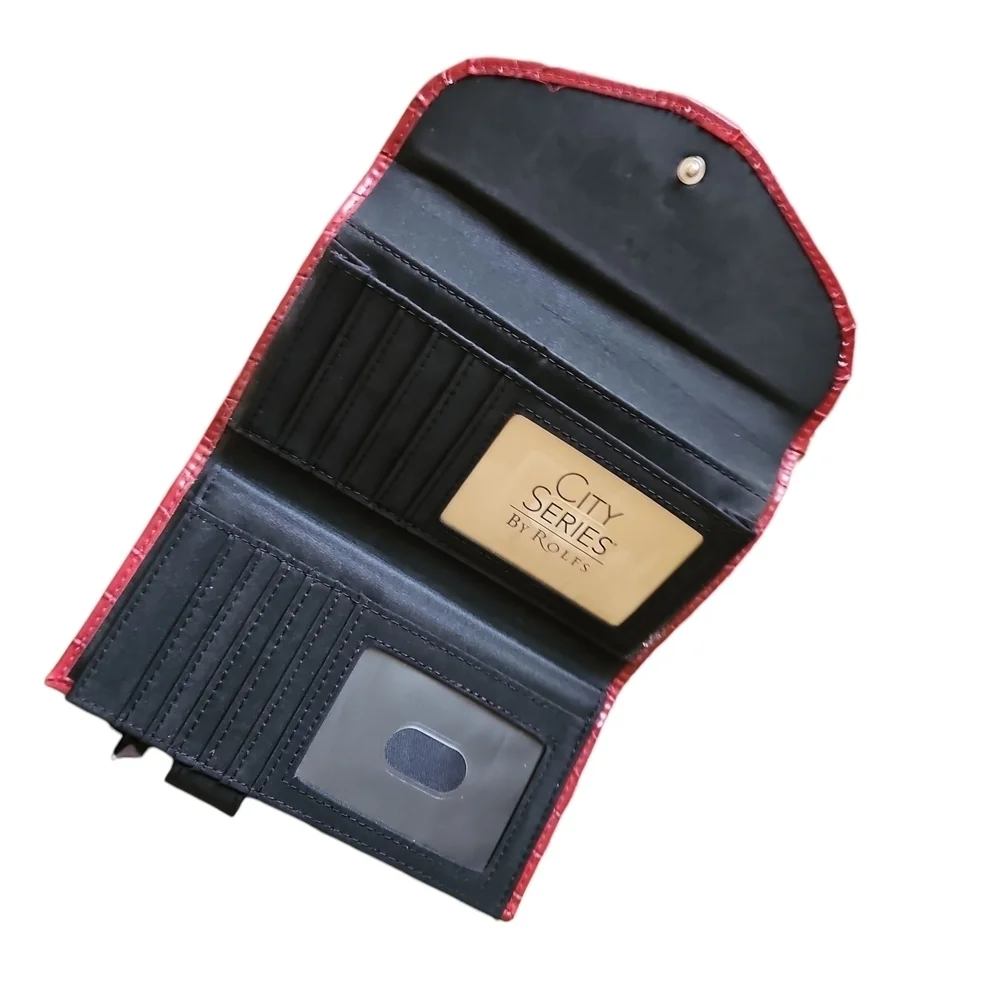 Maroon Red Crocodile-Embossed Clutch Or Long Wallet, Tri-fold